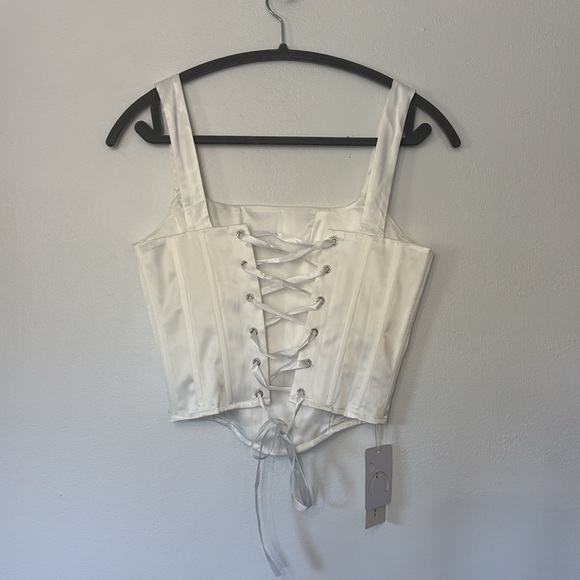 Commense White Satin Square Neck lace up Corset Tank Top - Picture 7 of 8